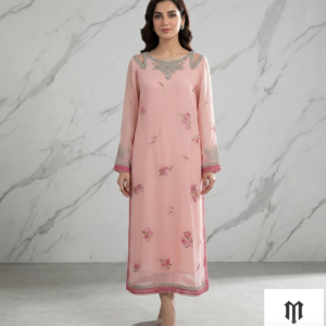 Delicate Blush Pink Kurta with Hand-Embellished Neckline
