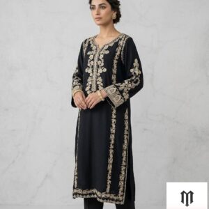 Elegant Black Kurta with Gold and Ivory Resham Embroidery