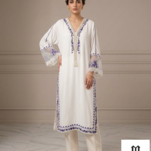 White Hand-Embroidered Kurta with Blue Floral Detailing
