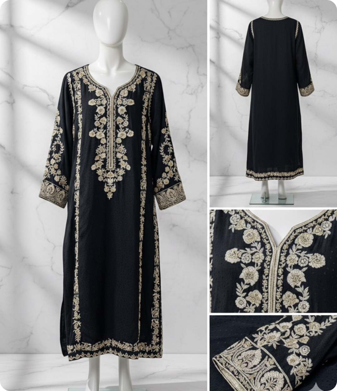 Elegant Black Kurta with Gold and Ivory Resham Embroidery