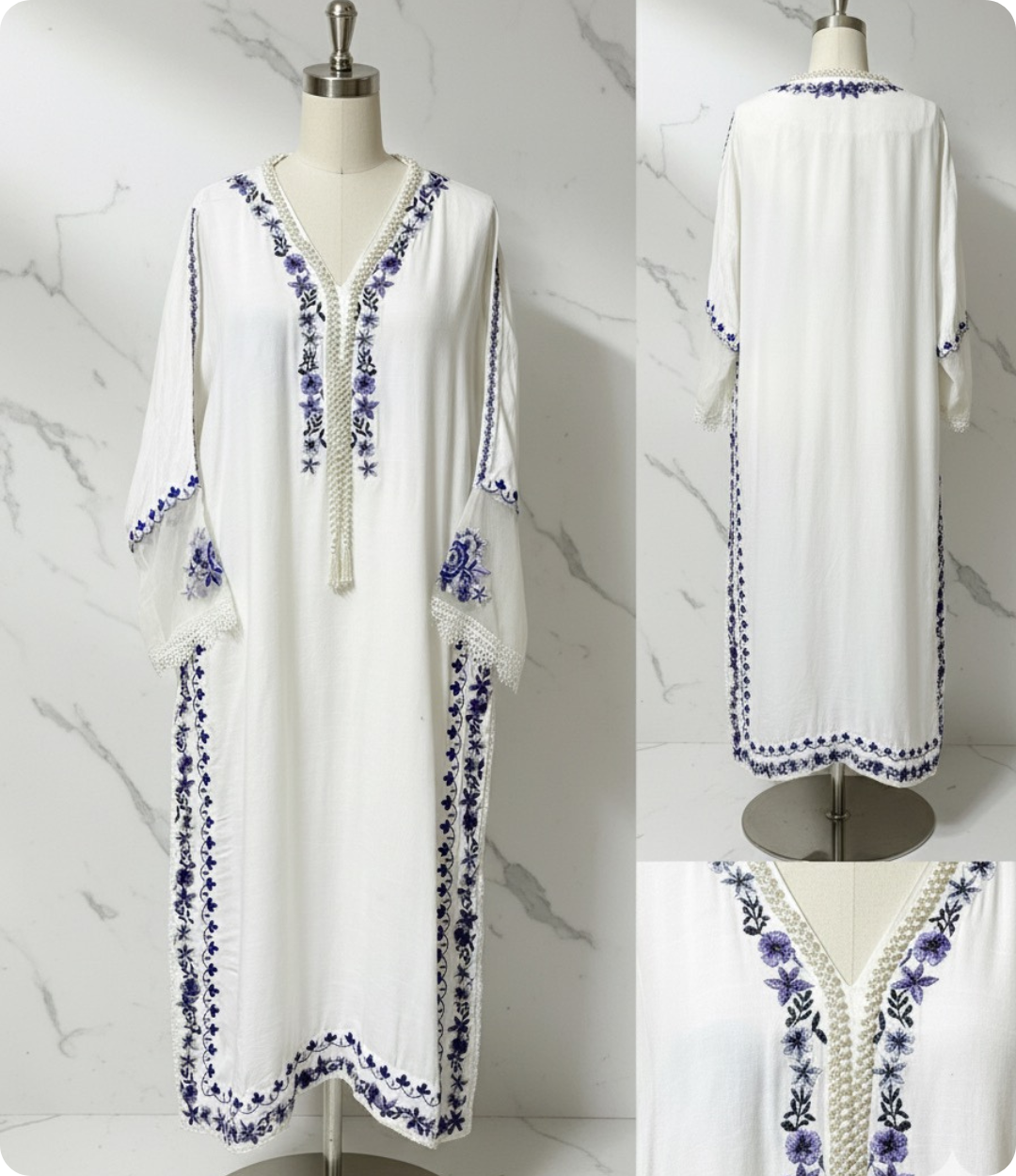 White Hand-Embroidered Kurta with Blue Floral Detailing