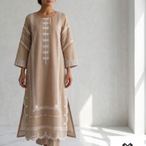 Beige three piece ready to wear fabric cotton net