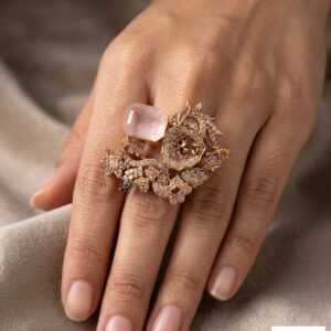 Vintage Turkish Rose Quartz & Floral Cocktail Ring